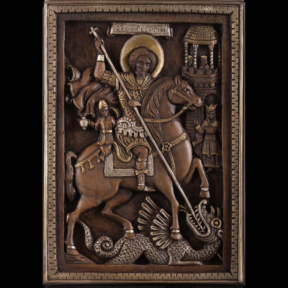 Icoană Sfântul Mucenic Gheorghe pictată și sculptată în relief pe suport de lemn feb-12-a
