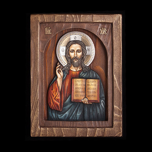 Icoană Iisus Hristos Pantocrator pictată și sculptată în relief pe suport de lemn feb-148-c2