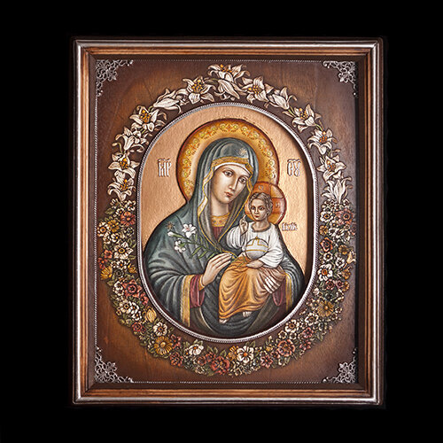 Icoană Maica Domnului pictată și sculptată în relief pe suport de lemn feb-134-e2