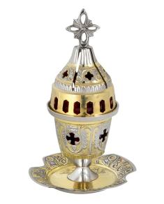 Candelă de masă cu tipsie alămită și nichelată, pahar inclus 8652-gn