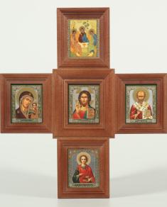 Icoană mică din lemn tip cruce cu 5 pictograme litografiate sof-2060025