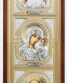 Icoană triptic aurită cu ramă din lemn, sculptată în partea de sus și icoane nichelate sof-2060771
