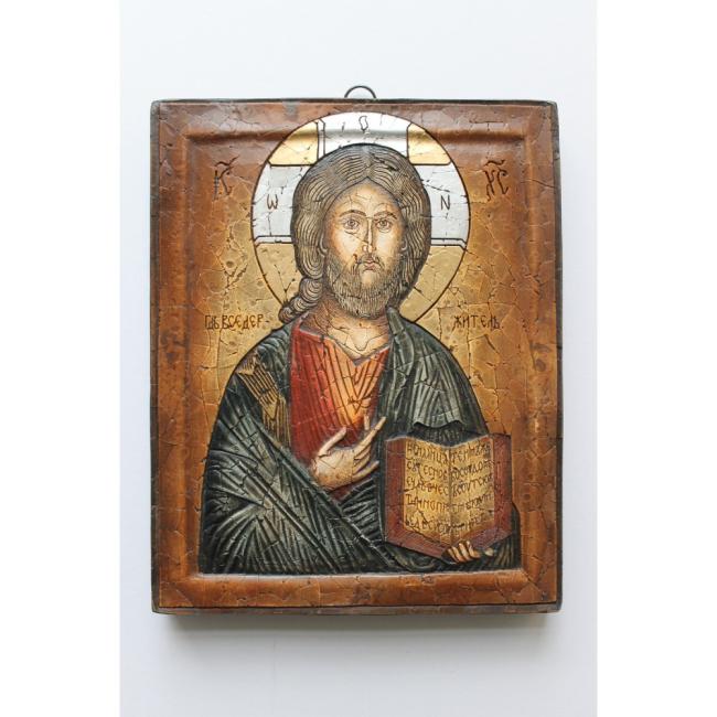Icoană Iisus Hristos Pantocrator, reprezentare arhaică pictată și sculptată în relief feb-31a